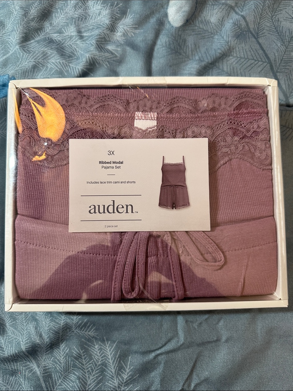 NIB Auden Ribbed Modal Lace-Trim Cami & Shorts Pajama Set - Mauve SZ 3X